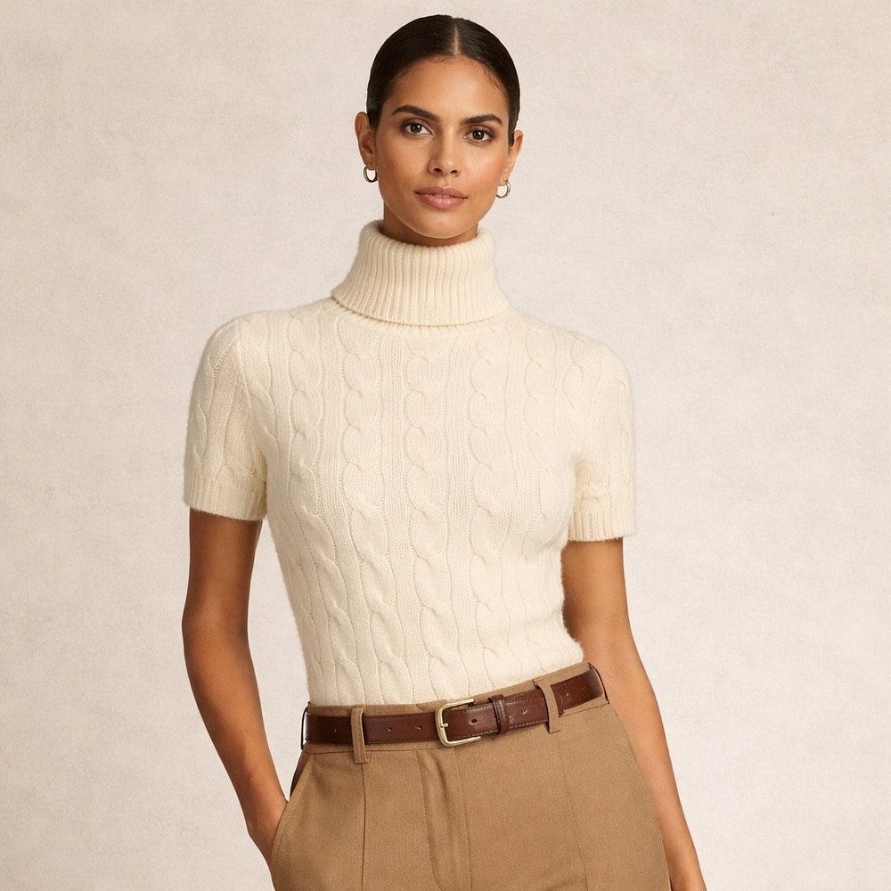 Ralph Lauren Wool Cashmere Angora Short Sleeve Turtleneck Sweater CableKnit L